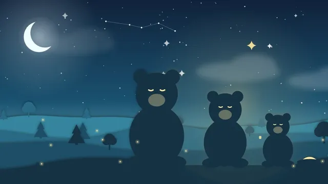 A girl with golden curls and three bears sharing porridge at a wooden table in a cozy cottage at dusk