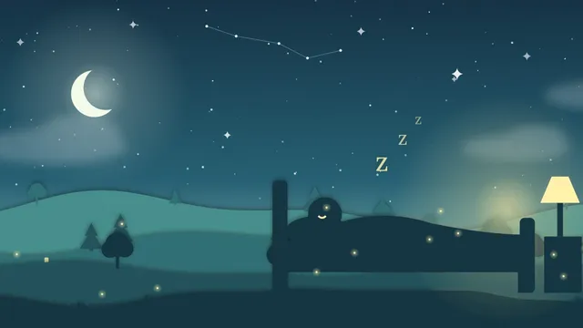 A child lying on cushions in a small lantern-lit boat, a gray heron poling it slowly down a dark, calm river