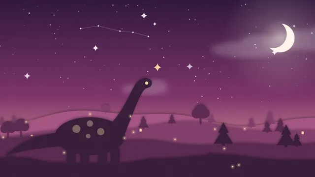 Diplodocus pequeño estirando el cuello hacia las hojas altas de un árbol junto a un río, de noche