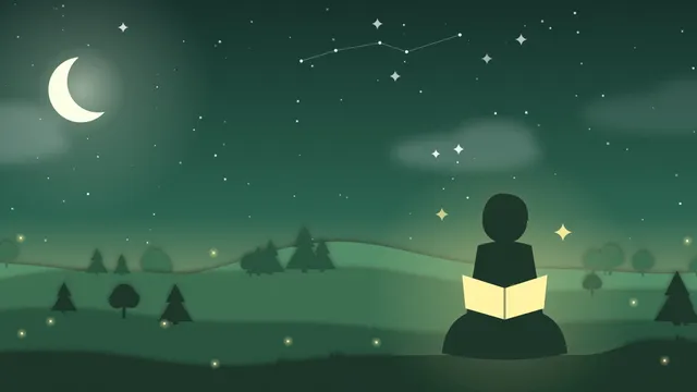 Criança lendo um livro sentada na colina sob a lua e um céu cheio de estrelas