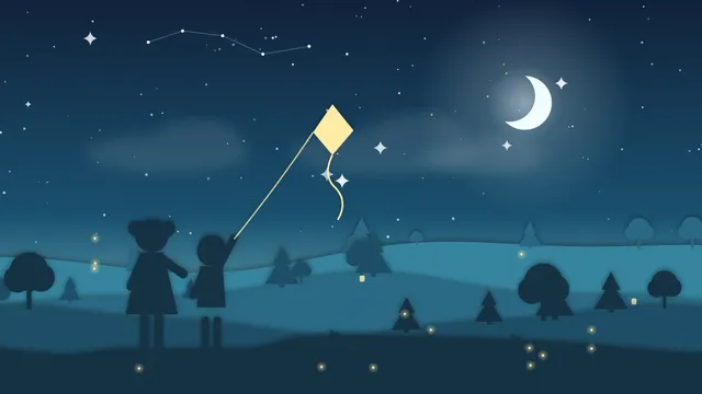 صديقان صغيران يمسكان بيد بعضهما على تلة تحت القمر والنجوم