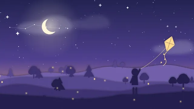 Gece tepede uçurtma uçuran bir çocuk, yanında hilal ay