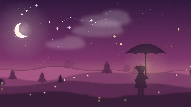 Una niña con paraguas sobre una colina bajo la luna y las estrellas