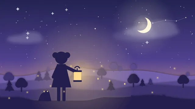 Menina na cama sorrindo para uma sombra macia em forma de nuvem, com lua e estrelas na janela do quarto