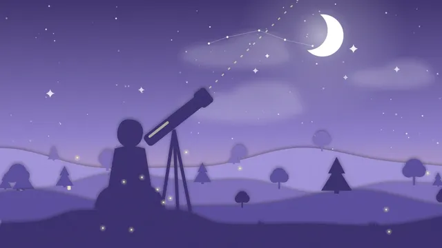 A girl and her dad at a bedroom window watching a half moon over a garden with a cat on the fence
