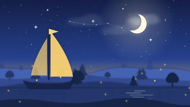 Un garçon endormi dans un lit devenu petit bateau bleu, un chat gris ronronne à ses pieds sous les étoiles