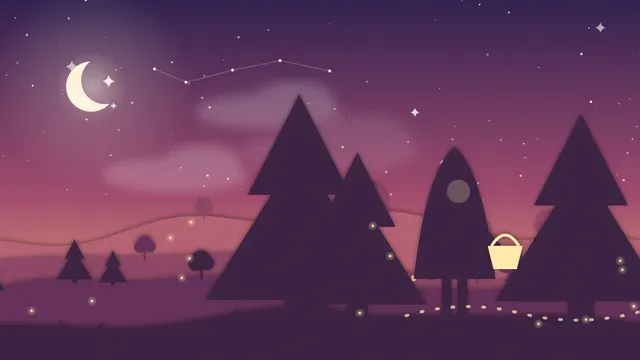 Menina de capa vermelha com uma cesta numa trilha da floresta ao entardecer e um lobo sonolento atrás de uma árvore
