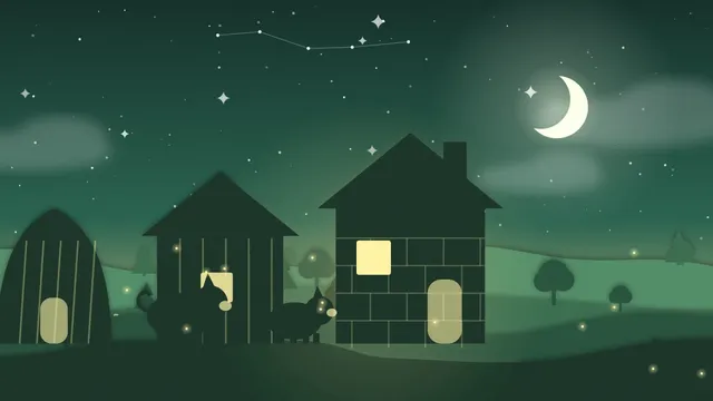 Three little pigs asleep in a cozy brick house while a tired wolf walks home under the moon